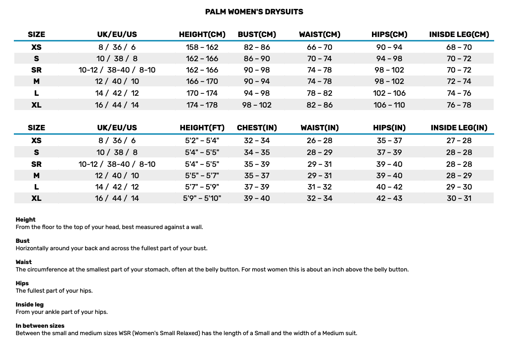 2025 Palm Womens Drysuits 0 Size Chart